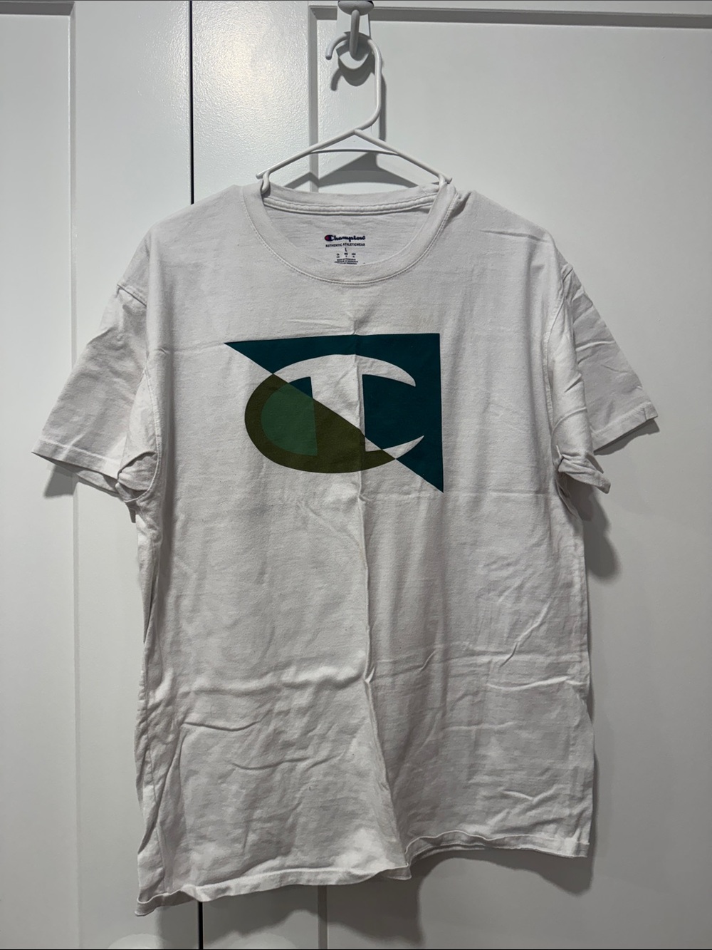 Champion White Short Sleeve Tee with Teal and Olive Logo